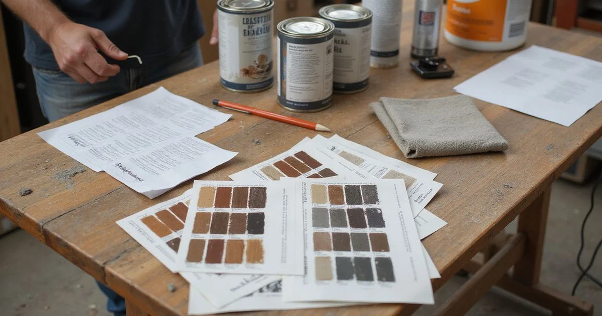 Worktable with concrete stain sample boards, product cans, and printed notes in daylight