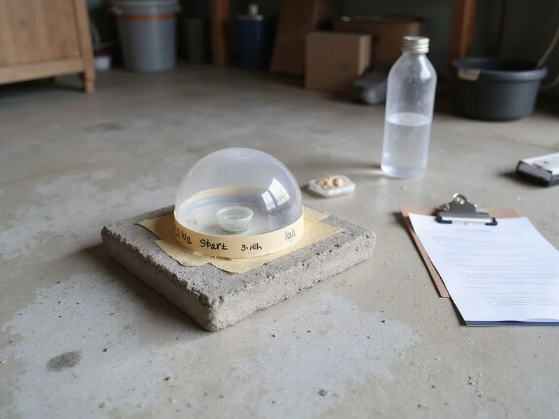 Calcium chloride moisture test kit on a bare concrete slab