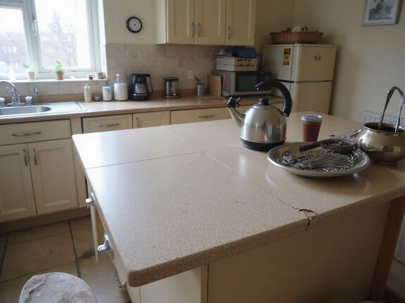 Dated counter before resurfacing showing worn edges and seams