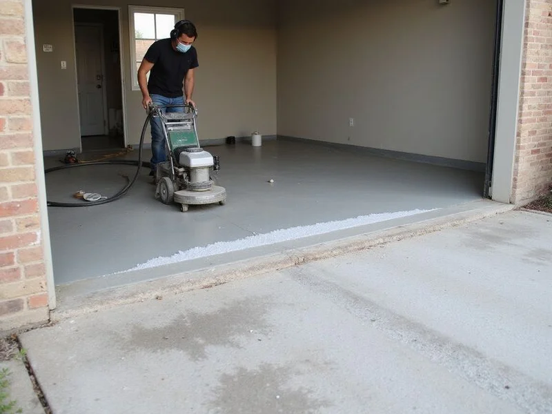 Diamond grinder profiling a bare garage slab before coating