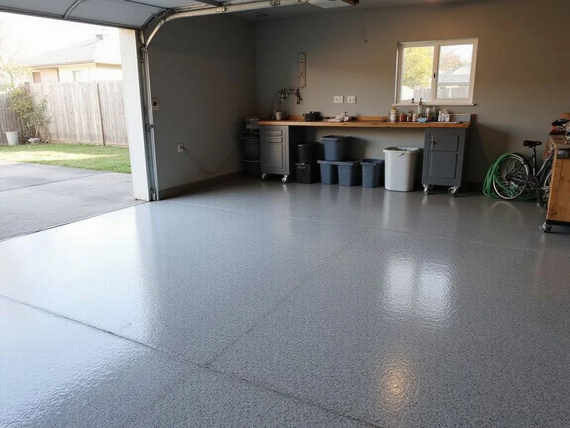 Grey flake epoxy coating on a residential garage floor