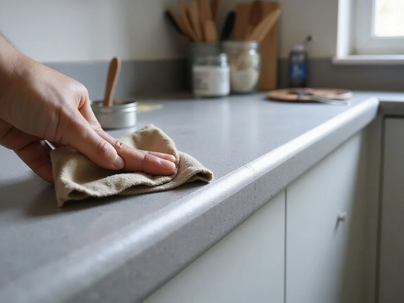 Sealer being applied to a resurfaced countertop edge