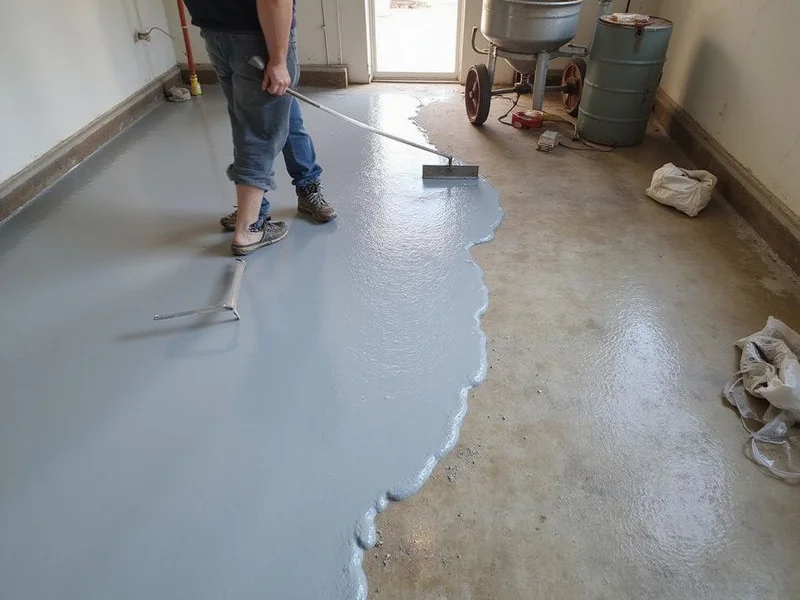 Self-levelling underlayment being spread across an uneven floor