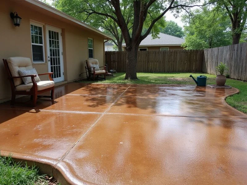 Stained and textured concrete back patio under shade trees