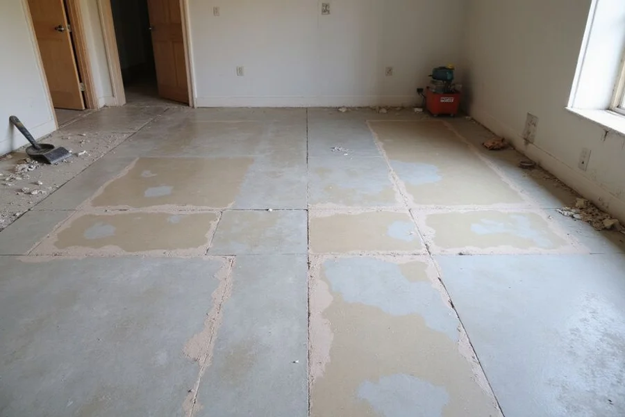 Bare concrete slab showing adhesive ghosting, patches, and porosity variation after tile removal