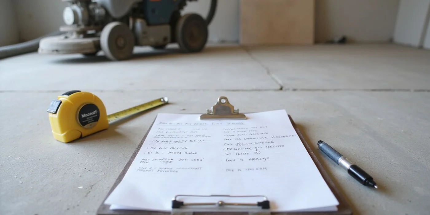 Clipboard with project notes resting on a partially prepared concrete slab