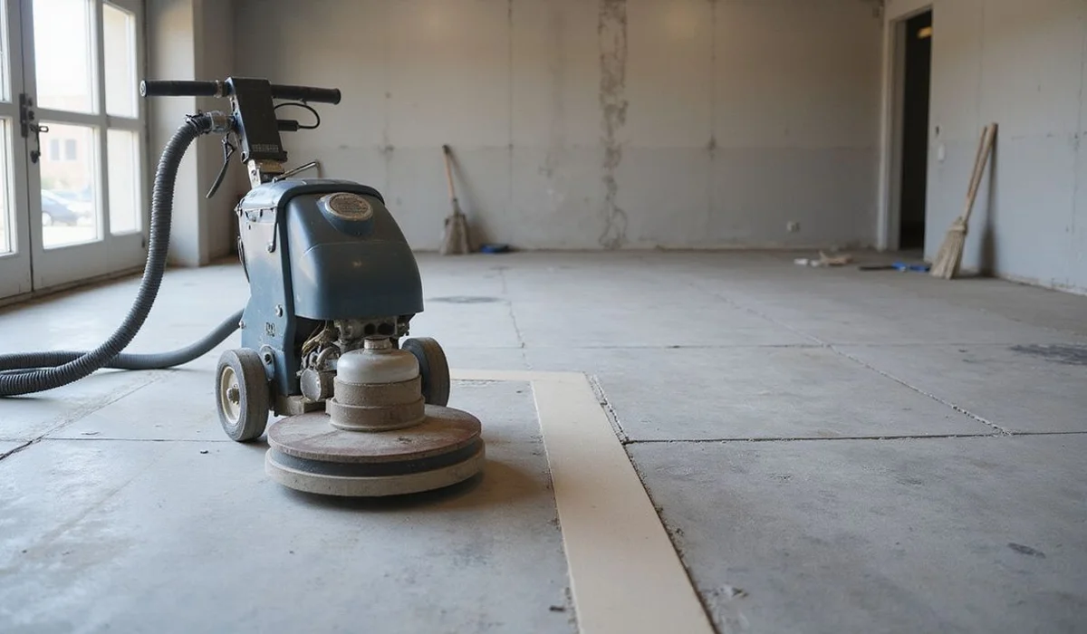 Floor grinder and dust extraction set up in an empty Austin room mid-project