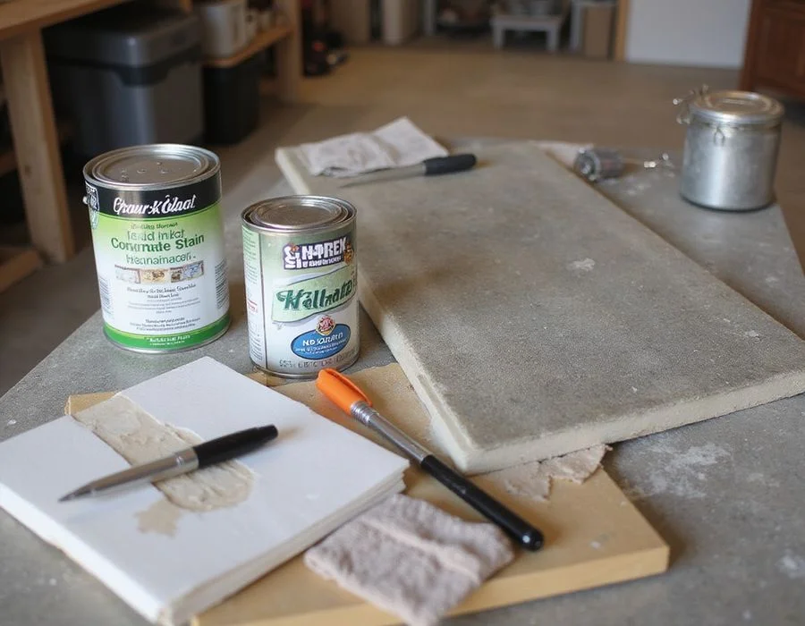 Stain sample boards, sealer tins, and a slab test patch laid out on a worktable