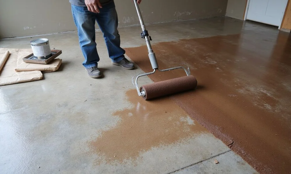 Fresh sealer coat being rolled onto a dull stained concrete floor