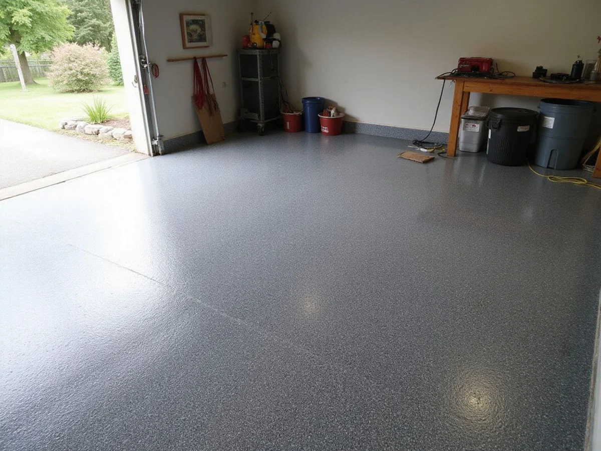 Grey flake epoxy coating on a residential garage floor