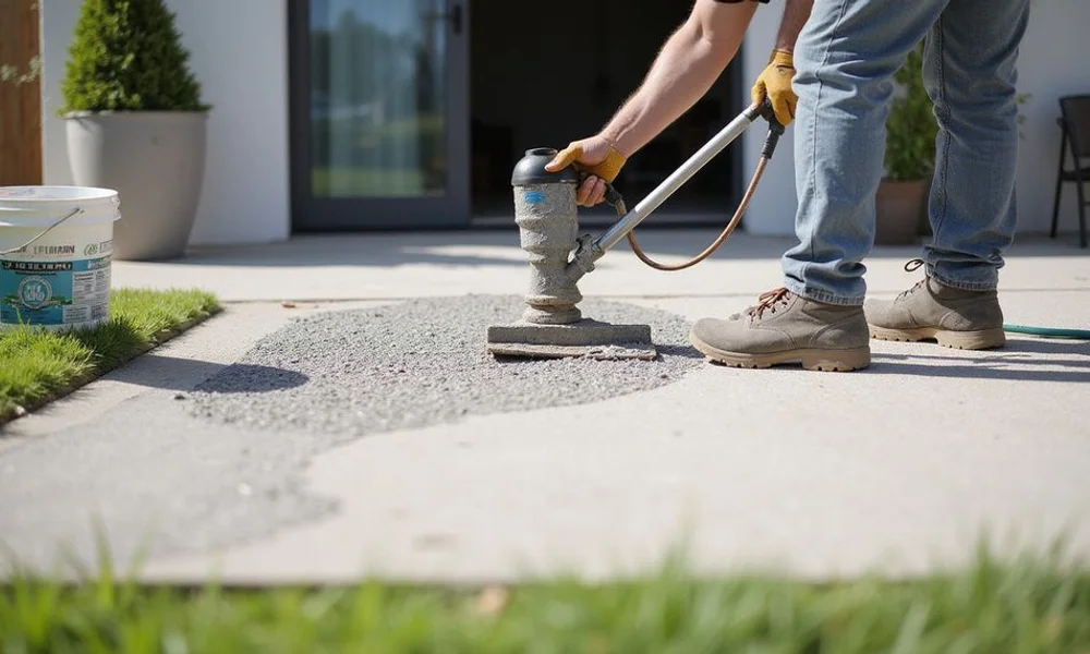 Installer applying a textured exterior overlay to a concrete patio