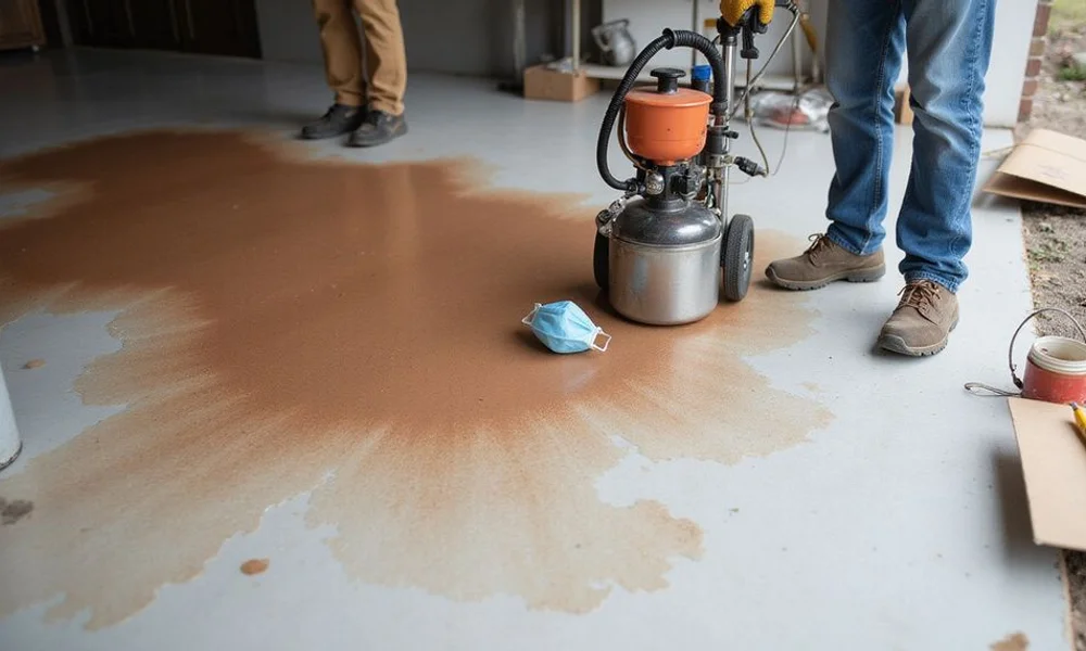 Installer applying reactive acid stain to a prepared slab