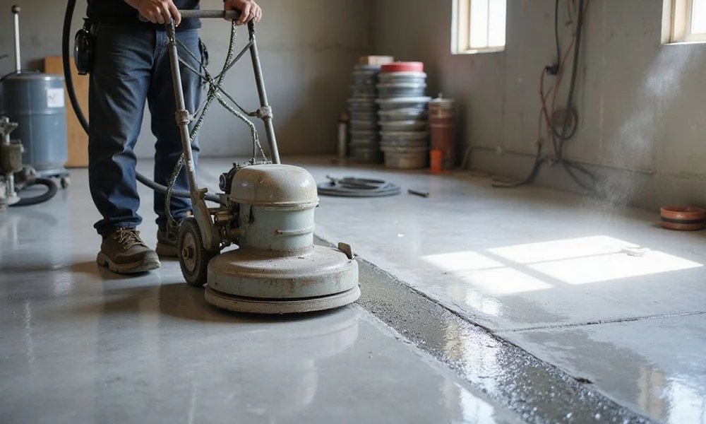 Planetary grinder honing a concrete slab through diamond grit stages