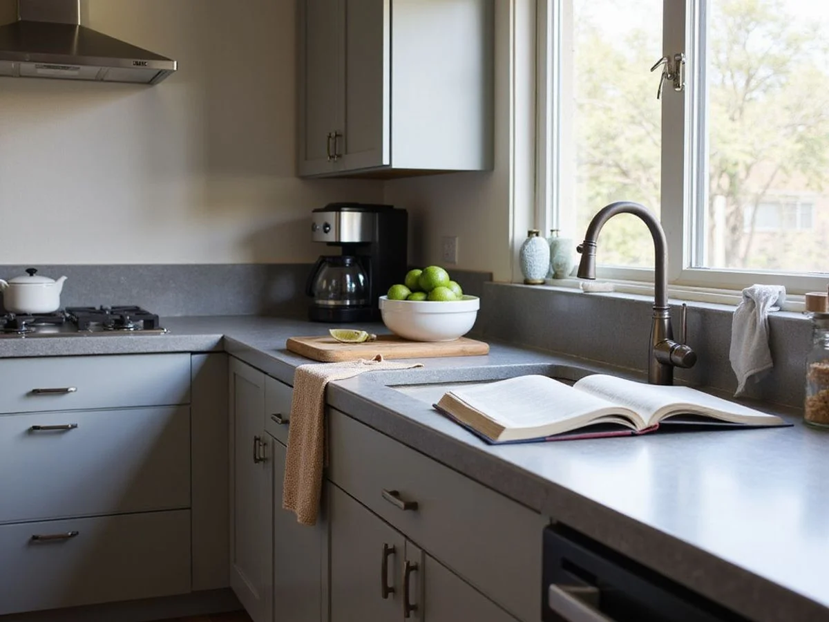 Refinished concrete-look kitchen countertop in a modest Austin kitchen