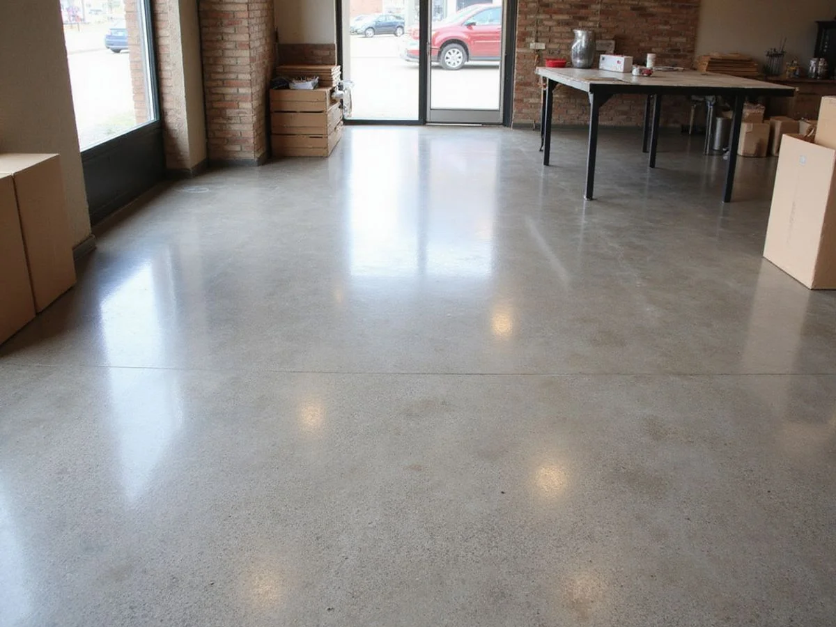 Salt-and-pepper polished concrete floor in a small Austin retail space