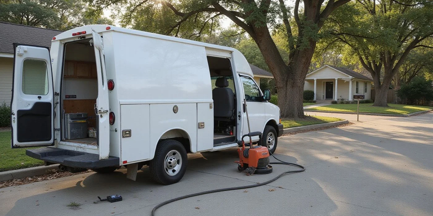 Floor grinding equipment being unloaded outside a Central Texas home