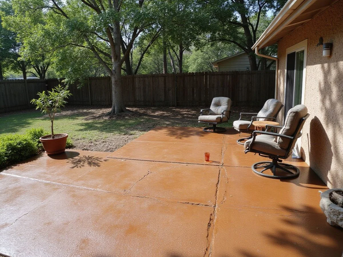 Stained and textured concrete back patio under shade trees