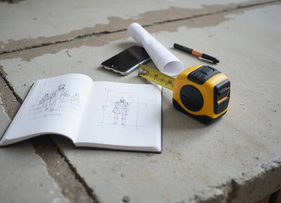 Tape measure, notebook, and phone resting on a bare concrete slab during a site measure