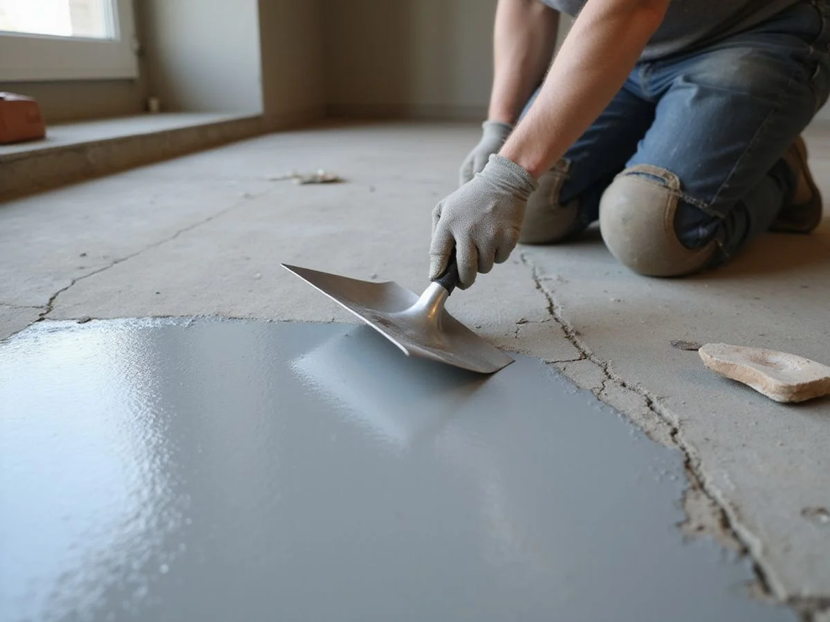 Trowel applying a thin microtopping over an old interior concrete floor