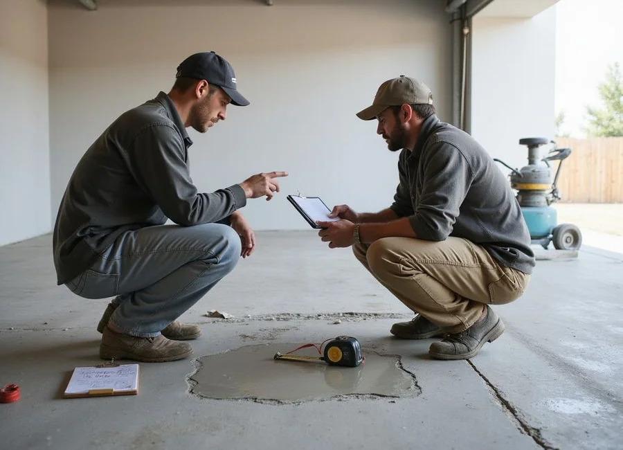 Two concrete finishers reviewing a prepared slab with notes and a moisture meter