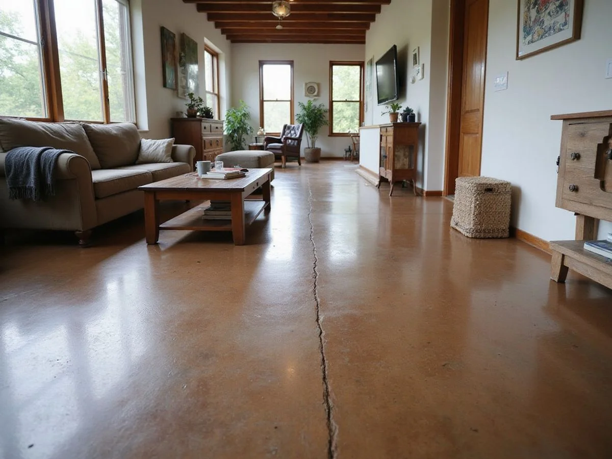 Warm acid-stained concrete floor running through an Austin living room in afternoon light