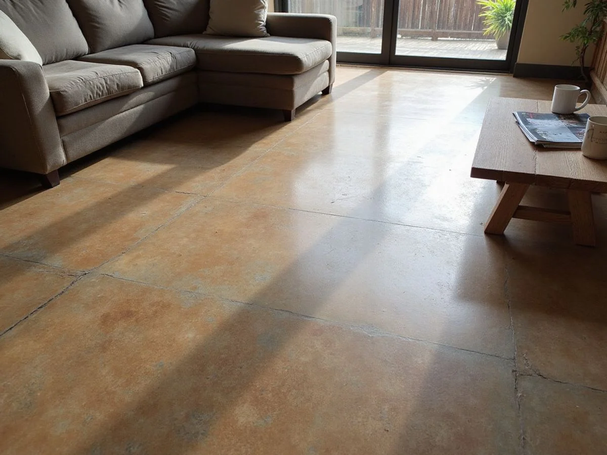 Warm acid-stained concrete floor running through an open-plan Austin living room