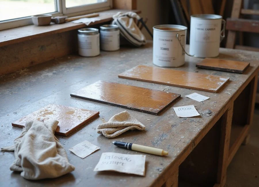Workshop bench with labelled stain sample boards, sealer tins, and test coupons