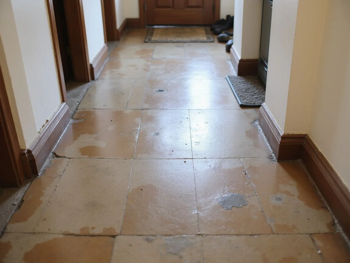 Worn stained concrete floor showing dull traffic paths and patchy sealer