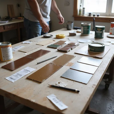Worktable with concrete stain sample boards, product cans, and slab test coupons